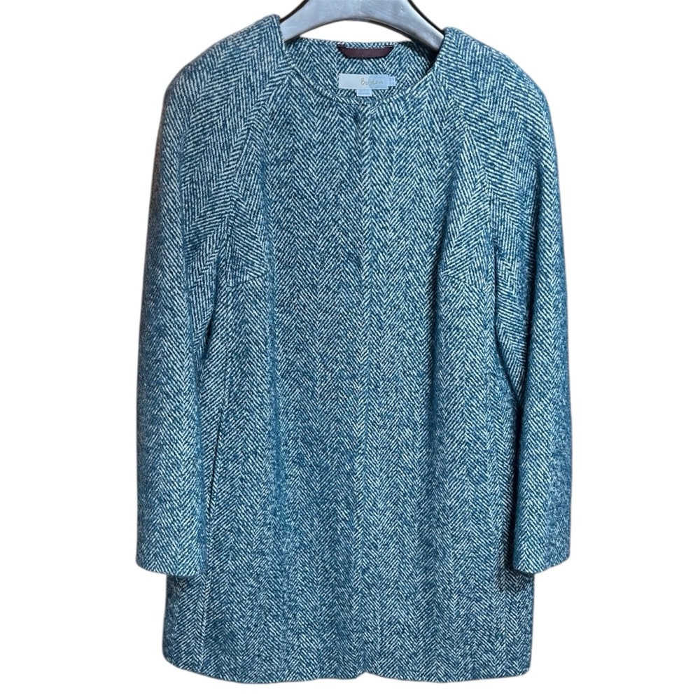 Boden Wool Alpaca Herringbone Coat Teal Blue Collarless Raglan Sleeve Size 8P - Picture 3 of 13